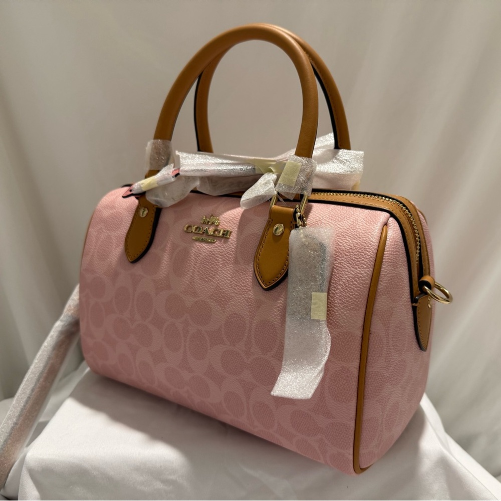 NWT Powder Pink Coach Medium Rowan Satchel Bag Signature Canvas w/ Charms CEA18